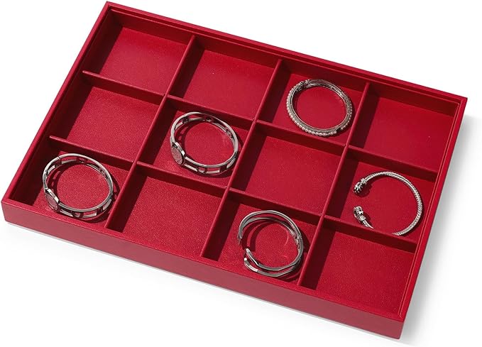 12 Grids Leather Jewelry Trays Bracelets Tray Stackable Jewelry Organizer Trays for Drawer Bracelet Holder For Bracelet Bangle Earrings Watches Storage (Red)