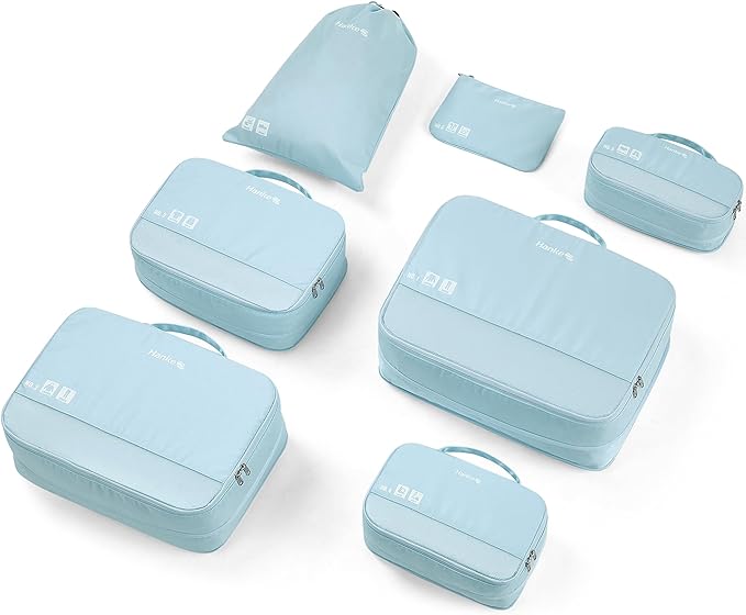 Hanke 7 Set Compression Packing Cubes for Travel, Expandable Large Packing Cubes for Suitcases and Backpack, Luggage Packing Organizer Bags with Double Zipper as Travel Essentials