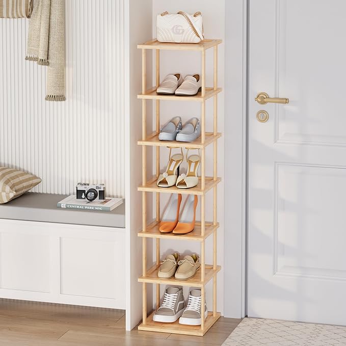 Vertical Tall Shoe Rack For Entryway - Tall 7 Tier Free Standing Slim Narrow Bamboo Wood Shoe Boots Storage Shelf Small Spaces For Garage Closet Doorway Garage Living Room Storage for Kitchen Bathroom