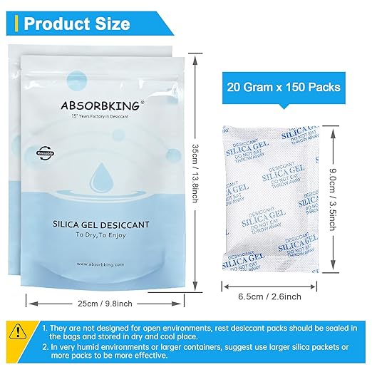 Silica Gel Packs - 150Pcs 20Gram Moisture Absorbers, Premium Transparent Desiccant for Storage
