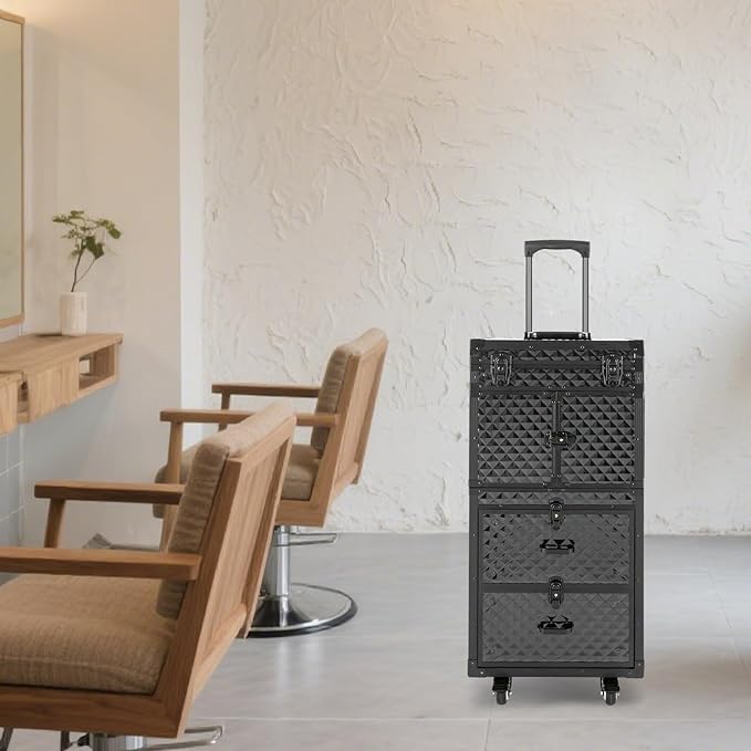 Rolling Makeup Case with Wheels and Locks, Cosmetology Case Makeup Train Case for Salon Barber Large Beauty Salon Luggage Rolling Lockable Makeup Train Extendable Tray Hairdressing (Style 3)