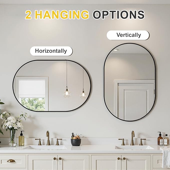 Oval Bathroom Mirror for Wall, 2 Pack 24"x36" Bathroom Vanity Mirror for Over Sink, Bedroom, Living Room, Entryway, Metal Frame & HD Shatterproof Glass, Wall Mounted Horizontally or Vertically(Black)