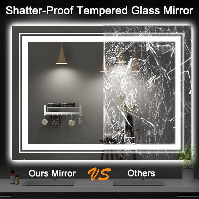 LED Bathroom Mirror, 48"X36" with Front and Backlit, Anti-Fog, Large Bathroom Vanity Mirror for Wall, Memory Function, Stepless Dimmable, Tempered Glass (Horizontal/Vertical)