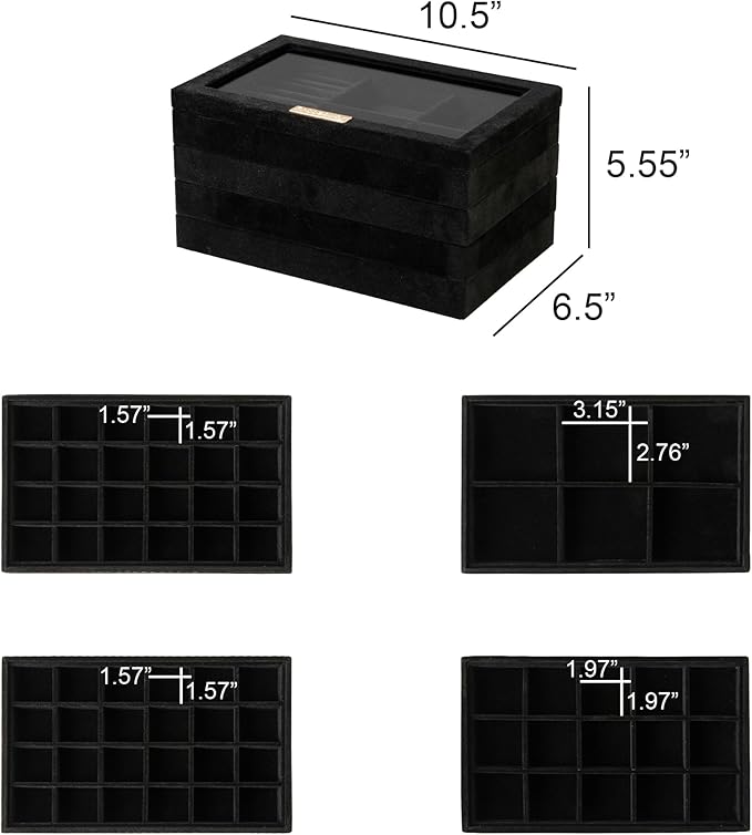 Frebeauty Stackable Jewelry Trays with Lid,Velvet Earring Organizer Tray,5-in-1 Jewelry Organizer for Drawer Vanity Dresser,Jewelry Storage for Studs Bracelets,10.5 x 6.5 x 5.55 Inches,Gift for Women