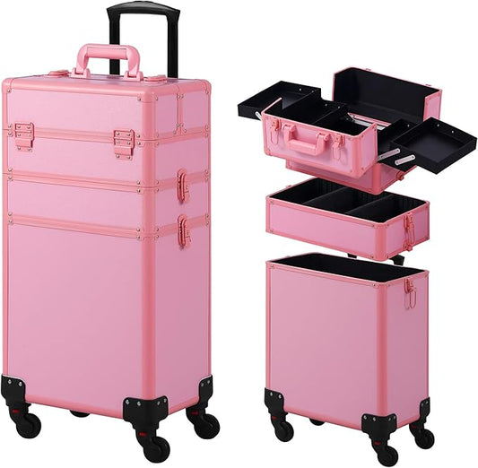 Makeup Train Case, Rolling Makeup Case, 3 in 1 Cosmetology Case on Wheels, Christmas Gift, Large Makeup Case Organizers, Profesional Cosmetic Case for Salon Barber, Pink