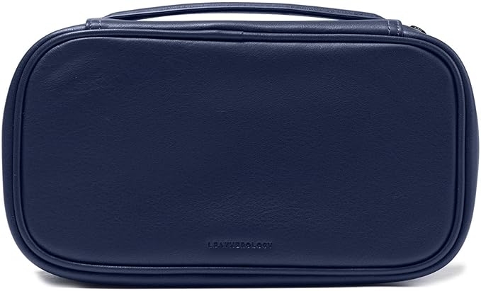 Leatherology Navy Blue Medium Leather Travel Organizer – Toiletry & Tech Case with Zipped Mesh Pocket, Elastic Loops & Water-Resistant Lining – Durable Storage for Everyday Travel