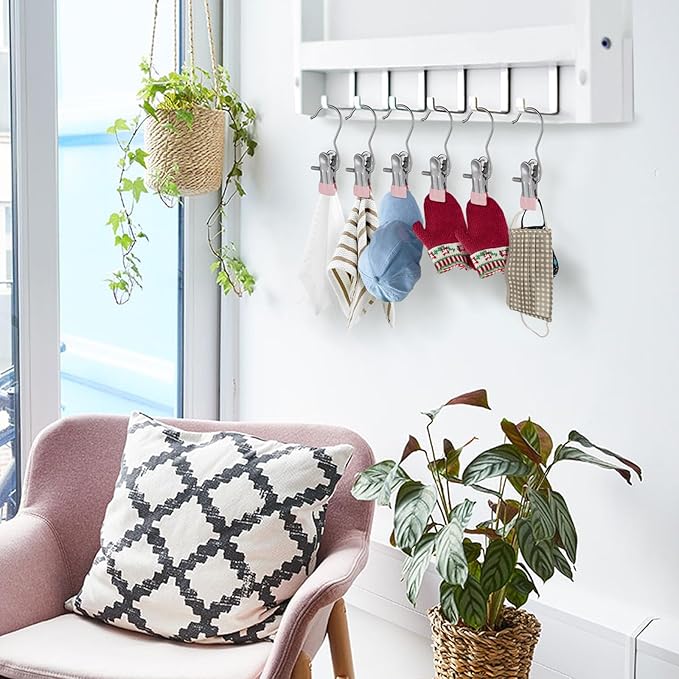 50PCS Space-Saving Clothespin, Portable 360° Rotating Stainless Steel Hanging Hook Clips Towel Clips,Laundry Hooks Hanging Clips with Clips for Home and Travel, Pink