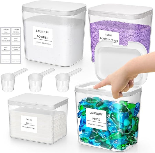 Lifewit Large Laundry Pods Container& Dryer Sheet Holder, Plastic Detergent Dispenser, Laundry Room Organization Storage Jars for Powder, Soap, Scent Booster Beads,Plastic Lid,0.53+0.7 gal,4 Pcs