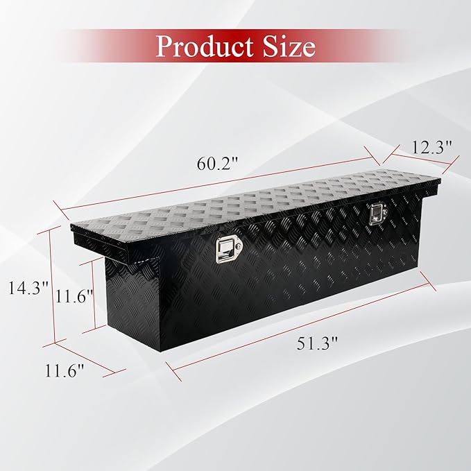60''Inch Aluminum Truck Tool Box Trailer Chest Box Underbody Storage Organizer Waterproof Square Storage Organizer w/Lock & Keys Black(‎60" Lx12 Wx14 H) Only For Standard cab Or Regular CAB