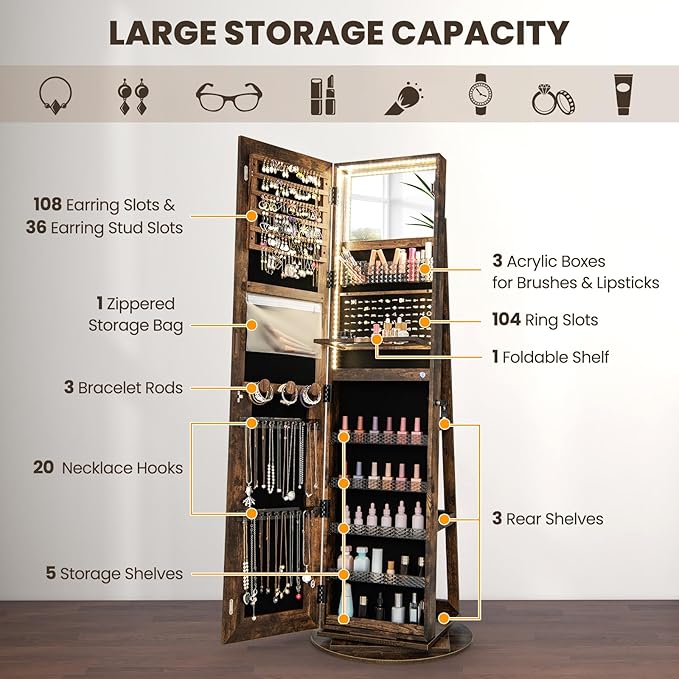CHARMAID 360° Rotating Jewelry Armoire with LED Lighted Full Length Mirror & Built-in Vanity Mirror, Lockable Standing Jewelry Cabinet with Lights, Large Storage Organizer for Jewelry (Rustic Brown)