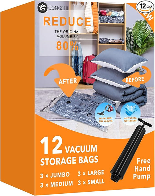 12 Pack Vacuum Storage Bags (3 Jumbo, 3 Large, 3 Medium, 3 Small),Plastic Packaging Bags,Space Saver Sealer Compression Bags with Travel Hand Pump for Blankets, Comforters, Pillows, Clothes Storage