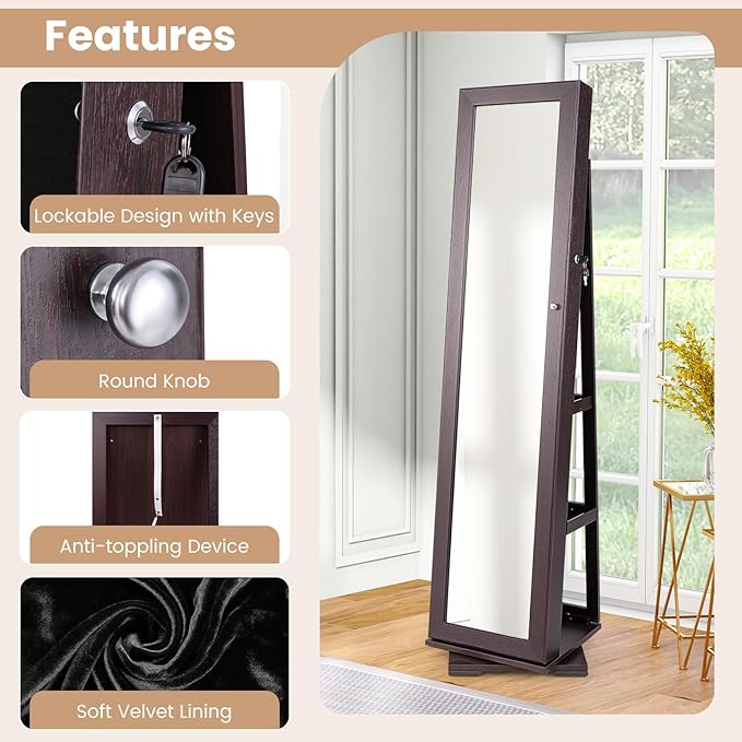 360° Swivel LED Mirror Jewelry Cabinet with Full Length Mirror, Lockable Floor Standing Mirrored Jewelry Armoire Organizer w/Inside Makeup Mirror & Back Storage Shelves, Space-Saving (Espresso)
