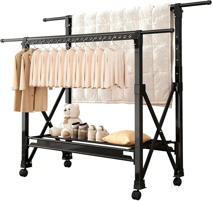 Double Rod Foldable Extendable Rolling Clothes Drying Garment Rack with Wheels, Heavy Duty Adjustable Freestanding Metal Clothes Rack for Indoor Outdoor Balcony Laundry, Black