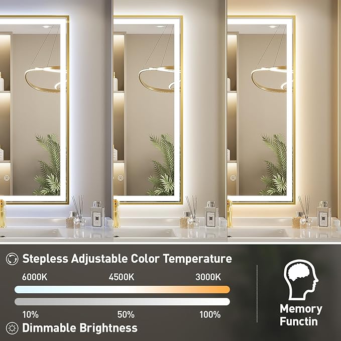 55X36 Inch Led Bathroom Mirror,Frontlit and Backlit Lighted Mirror,Gold Metal Frame Vanity Mirror for Wall,Double Lights Strips,Anti Fog Stepless 3 Colors Temperature & Dimmable