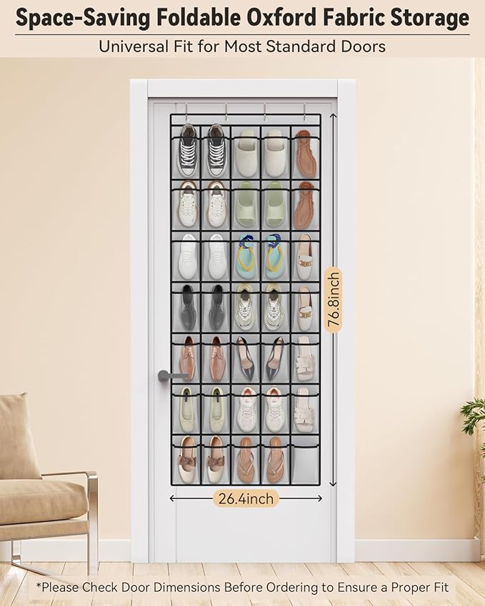 dodowin Over the Door Shoe Organizers, 2 Pack - 40 Deep Mesh Pockets Each, Over The Door Shoe Rack with 4 Metal Hooks Each, Space Saving Hanging Storage Holder for Closets, Shoes & Accessories, Gray