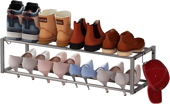 Expandable Wall Mounted Shoe Rack, 17"-31" Adjustable Hanging Shoe Rack Holds 8 Pairs, Heavy Duty Metal Shoe Holder with 2 Storage Hooks, Space Saving for Entryway Closet Doorway（Grey）