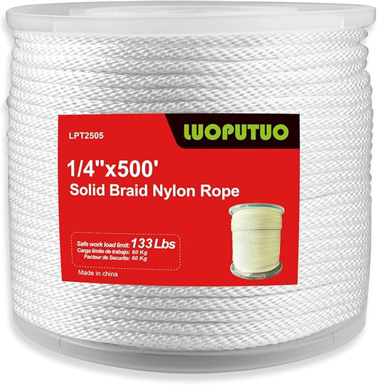 1/4 Inch 500ft White Nylon Solid Braid Rope | High UV & Abrasion Resistance | Industrial Grade, Low Stretch | Multipurpose for Flag Poles, Clotheslines