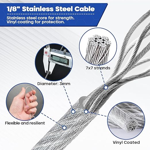 TooTaci 1/8 Wire Rope Kit, 100ft Vinyl Coated Stainless Steel Cable with 50pcs Crimping Sleeves and 20pcs Thimbles, 7x7 Strand Core Metal Cable for String Light, Shade Sail, Clothesline, Curtain