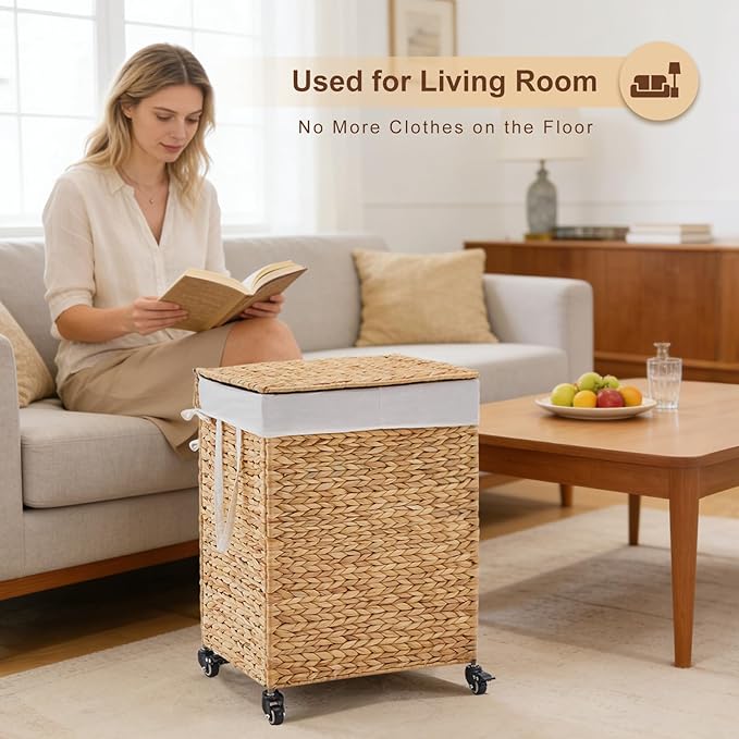 2-Section Laundry Hamper with Lid, Large Capacity Woven Natural Water Hyacinth Laundry Sorter with Removable Liners, Rolling or Non-Slip Design for Bedroom(Natural, 2-Section)
