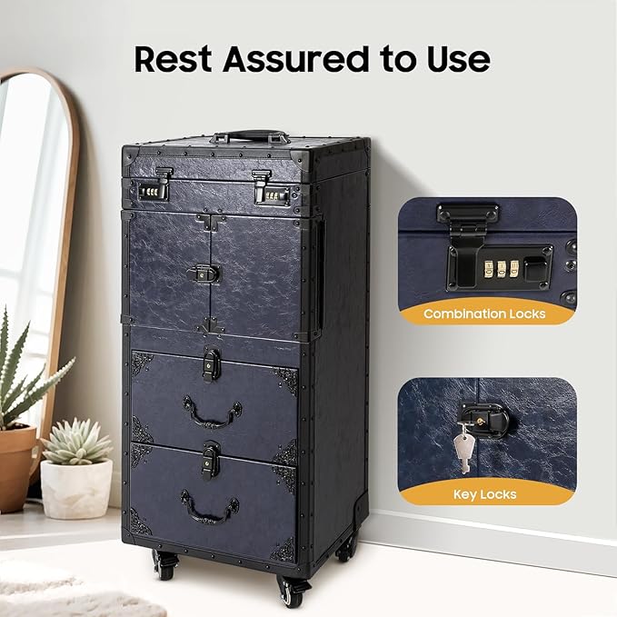 Rolling Makeup Case with Wheels and Locks, Cosmetology Case Makeup Train Case for Salon Barber Large Beauty Salon Luggage Rolling Lockable Makeup Train Extendable Tray Hairdressing (Style 2)