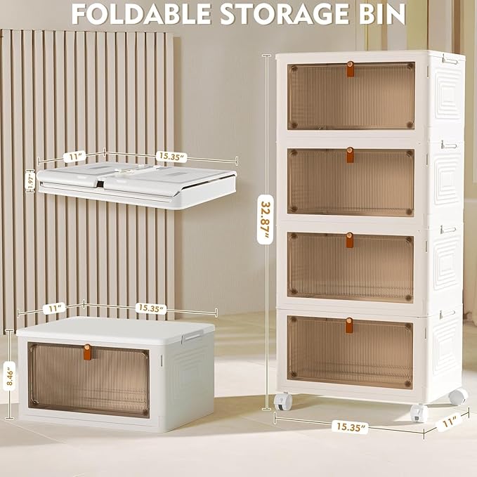 4 Tier Plastic Storage Bins with Lid 23.1QT, Stackable Storage Containers with Wheels, Folding Storage Boxes, Collapsible Storage Bins, Closet Organizers and Storage for Living Room