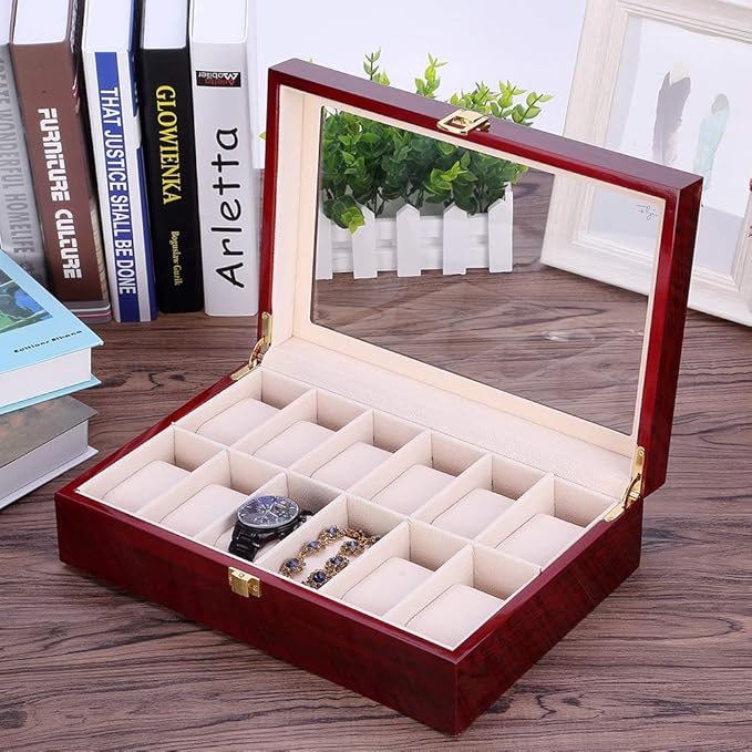 Uten Watch Box, 12 Slot Wooden Watch Case with Removable Watch Pillow, Metal Clasp Watch Display, Watch Box Organizer for men and women.