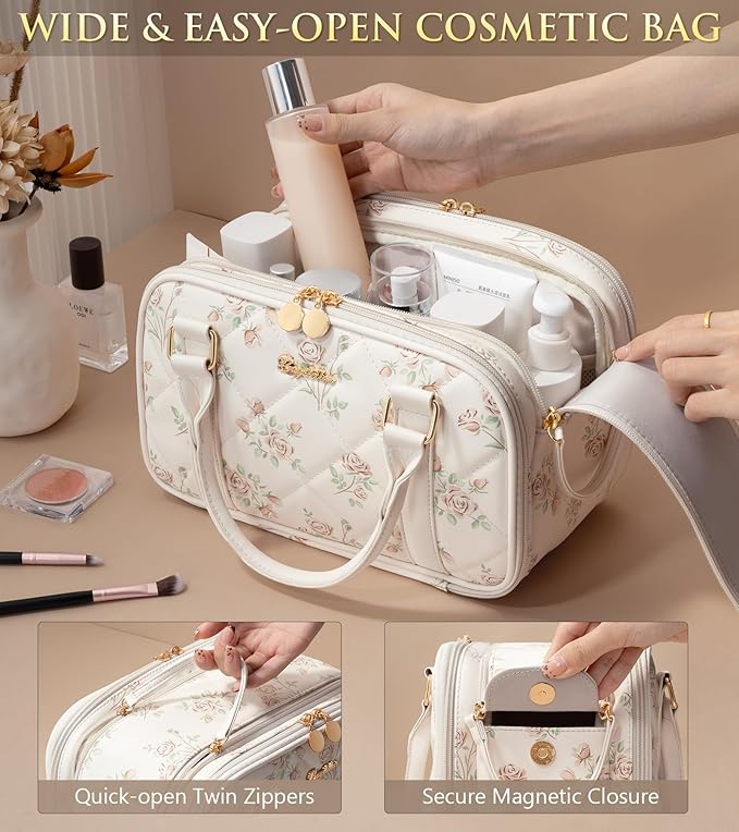 Travel Makeup Bag, Large Capacity Quilted Toiletry Bag for Women Stand-up Cosmetic Bag Open Flat Make Up Case Organizer Portable Pouch Purse w/Handle for Traveling Accessories Beige Floral