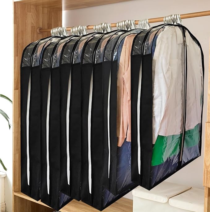 6.3"Gusseted Garment Bags for Hanging Clothes with Dual Zippers- Full Clear Front & Sides PEVA,50"Breathable Dust-proof Waterproof Dress Covers for Closet Storage,Travel,Moving,Black,5 Pack
