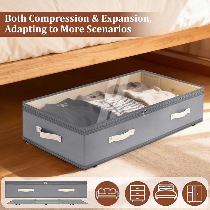 Dolicer 2 Pack Under Bed Storage with Wheels, 6in-10in Height Adjustable Underbed Storage Containers, 92L XXXL Under Bed Drawers Rolling Bin with Clear Lids for Dorm Shoes Clothes Organizers(Grey)