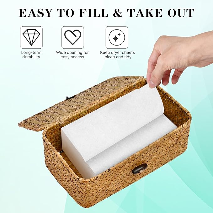 Dryer Sheet Holder, Woven Seagrass Dryer Sheet Container with Lid, Farmhouse Dryer Sheet Box Decor, Dryer Balls Dispenser for Laundry Room Organization and Storage-Natural Color