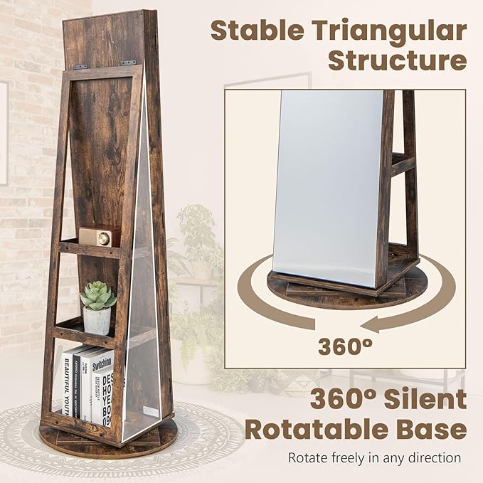 Mirror Jewelry Cabinet Standing with Full Length Mirror, 360° Swivel Jewelry Armoire with 3-Color LED Lights & Foldable Makeup Shelf, Lockable Organizer for Women, Space-Saving (Rustic Brown)