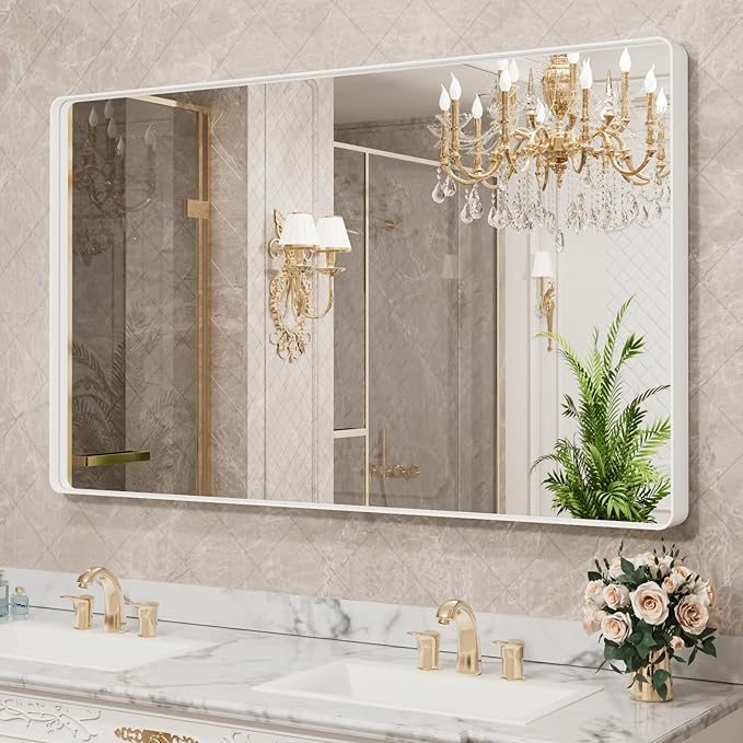 LOAAO 60x36 Inch White Metal Framed Bathroom Mirror for Wall, White Bathroom Vanity Mirror Farmhouse, Large Rounded Rectangle Mirror, Anti-Rust, Tempered Glass, Hangs Horizontally or Vertically