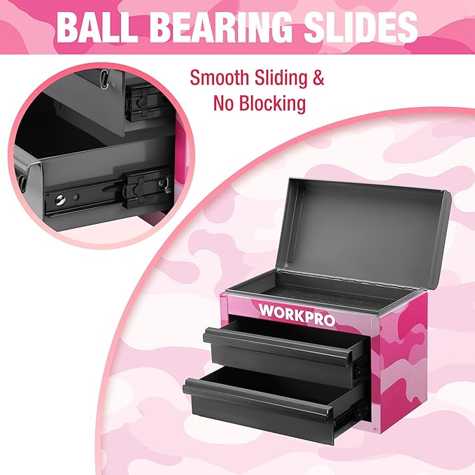 WORKPRO Metal Mini Tool Box, Top Tool Chest containing Two Drawers with Ball Bearing Slides, PVC Drawer Liners and PP Feet Pads, Cold Rolled Steel Small Toolbox for Multi-Purpose Storage - Pink Ribbon