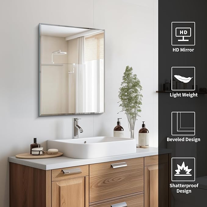 CILIBER 18x24 Beveled Mirror, Frameless Beveled Bathroom Mirrors for Wall, Upgraded Shatterproof Rectangle Vanity Mirror with Beveled Edge for Bathroom, Bedroom, Living Room and Entryway