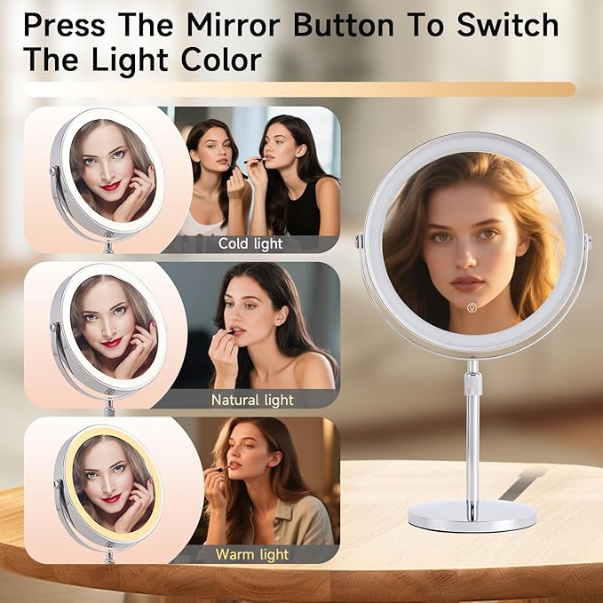 1X/20X Magnifying Makeup Mirror with Lights - 9" Large Dual-Sided Vanity Mirror with 3 Color Lights for Women's Travel Cosmetic Mirror | 3000 mAh-USB Rechargeable | 360° Rotation | Adjustable Height