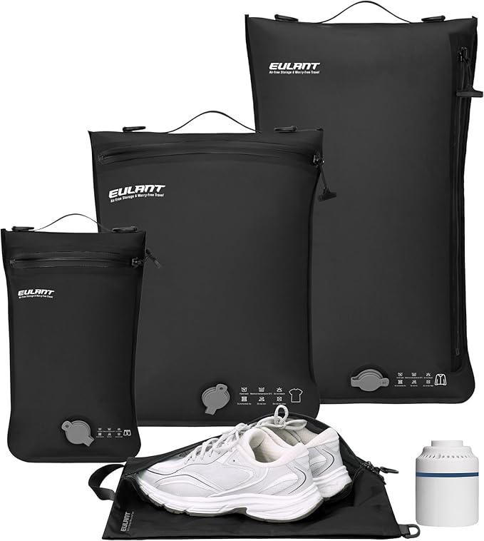 Eulant 4 Set Vacuum Packing Bags for Travel With Pump,Professional IPX8 Zip Packing Organizer for Suitcases Backpack,Space Saver Bags Packing Organizers for Clothing Packing(4 Set,Black)