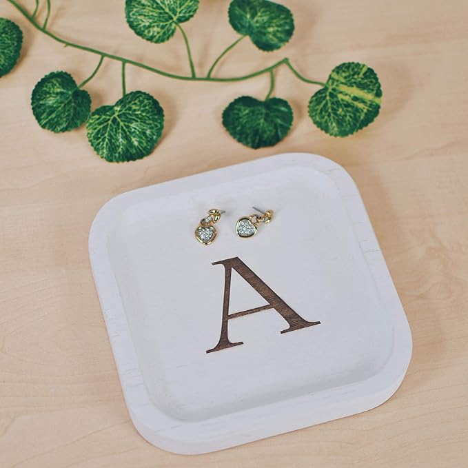 I'm Wooden Personalized Letter Catchall Valet Tray Trinket Dish Jewelry Tray Key Bowl Decorative Plate Organizing Ring Earrings Necklaces Bracelet Watch Coins Wallet Holder (6"x6" Sq White A)