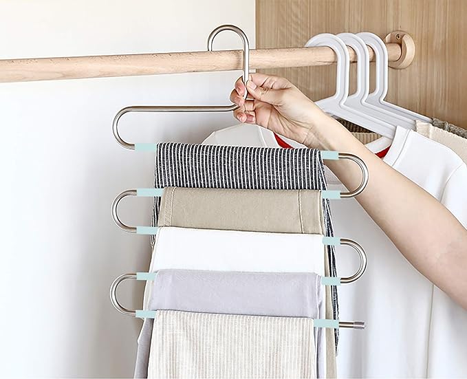 Devesanter Space Saving Non-Slip 4 Pack S-Shape Trousers Hangers - Stainless Steel Closet Storage Organizer for Pants, Jeans & Scarves - Green