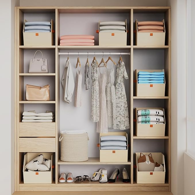 Fabric Closet Storage Cubes - 8 Pack Square Storage Bins with Dual Handles for Clothes, Towels, Toys, Cube Storage Organizers for Bedroom, Nursery, Shelves, Closet, Small Spaces, Beige