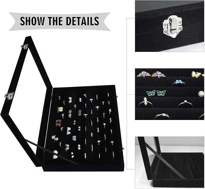 Rings Organizer Tray 10 Slots Velvet Ring Display Tray Insert Jewelry Earring Storage Box with Transparent Glass lid Can Hold 100 Rings Earrings Suitable for Girls and Women (Black)