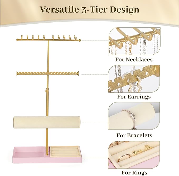Tirzah 3-Tier Adjustable Gold Jewelry Holder Organizer Stand with 20 Necklace Hooks, 18 Earring Holes and Notches, Bracelet Holder, 6 Ring Rolls, Pink Tray for Girls, Women