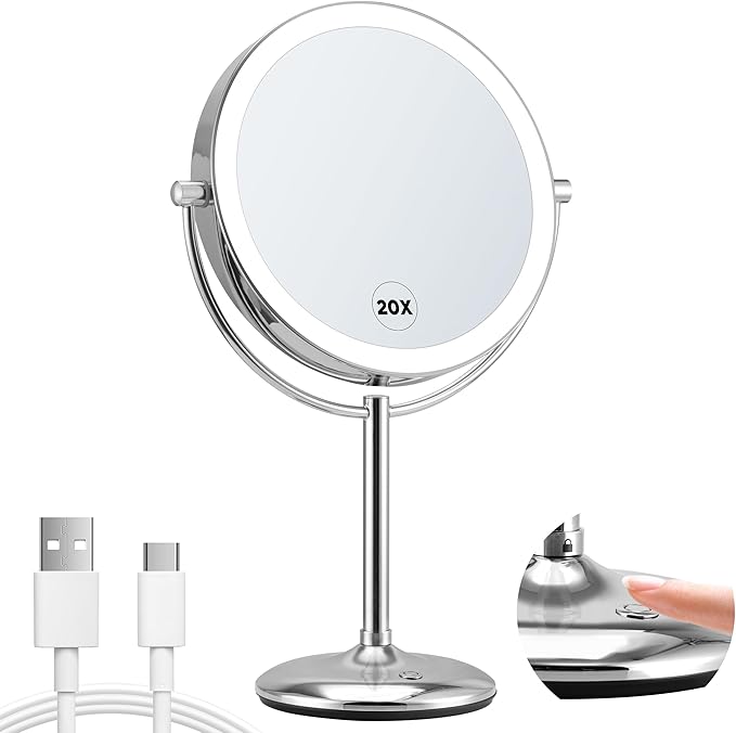 9" Large Lighted Makeup Mirror with Magnification 20X/1X, Magnifying Mirror with Base Charging and Switch, Rechargeable Vanity Mirror with 3 Color Dimmable Lights for Dresser, Bathroom