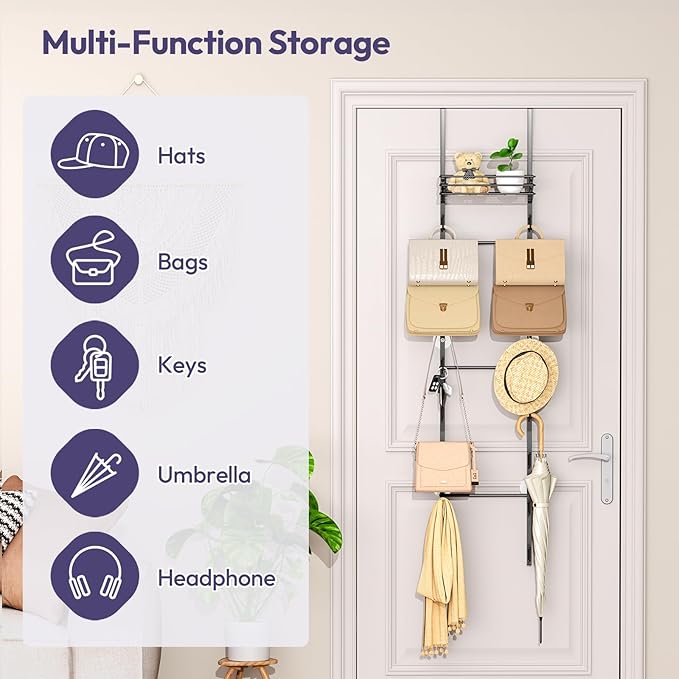 SWTYMIKI Over The Door Purse Organizer - Wall Mounted Handbag Organizer with 16 Hooks and Metal Basket, Hanging Purse Storage Rack Holds up to 16 Bags, Bag Rack Can Use As 1/2 Part, for Door, Closet
