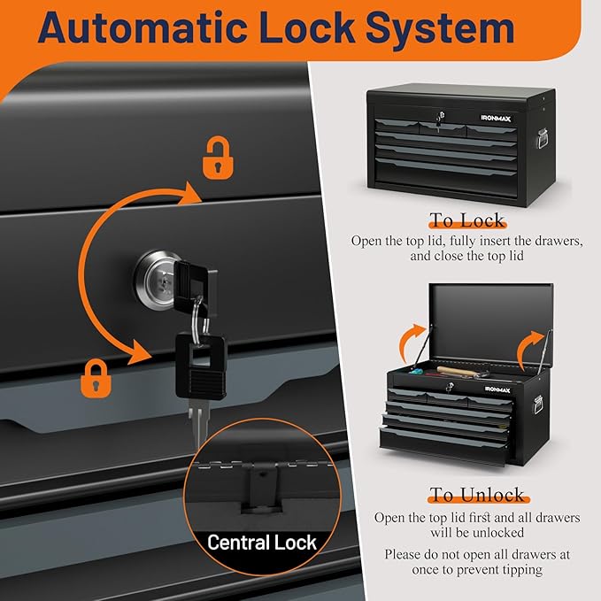 IRONMAX Portable Tool Box, 6 Drawers 24’’ Lockable Tool Storage Organizer Toolbox with Ball-Bearing Slides & Liner, Metal Tool Chest for Warehouse, Garage, Workshop, Household