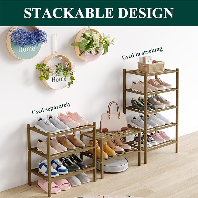 Smiry Small Bamboo Shoe Rack 2-Tier, Stackable Wooden Shoe Organizer for Entryway & Closet, Free Standing Wood Shoe Storage Shelf for Front Door & Small Spaces, Brown