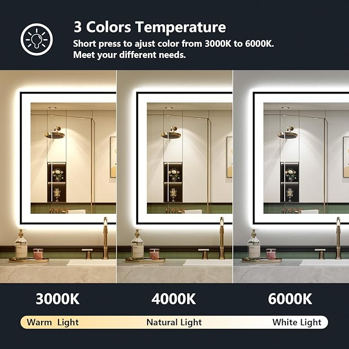 28x36 Inch LED Bathroom Mirror with Lights (Front Lit and Backlit) Black Framed Lighted Vanity Mirror for Bathroom Wall Dimmable Anti-Fog Memory Tempered Glass Horizontal/Vertical