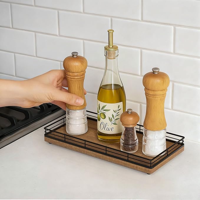 Bathroom Vanity Tray – 12" x 6" Acacia Decorative Wooden Tray for Toilet Tank Organizer Wood Tray for Bathroom Countertop, Soap, Perfume Accessories Storage, Vanity Dresser Decor Black & Acacia