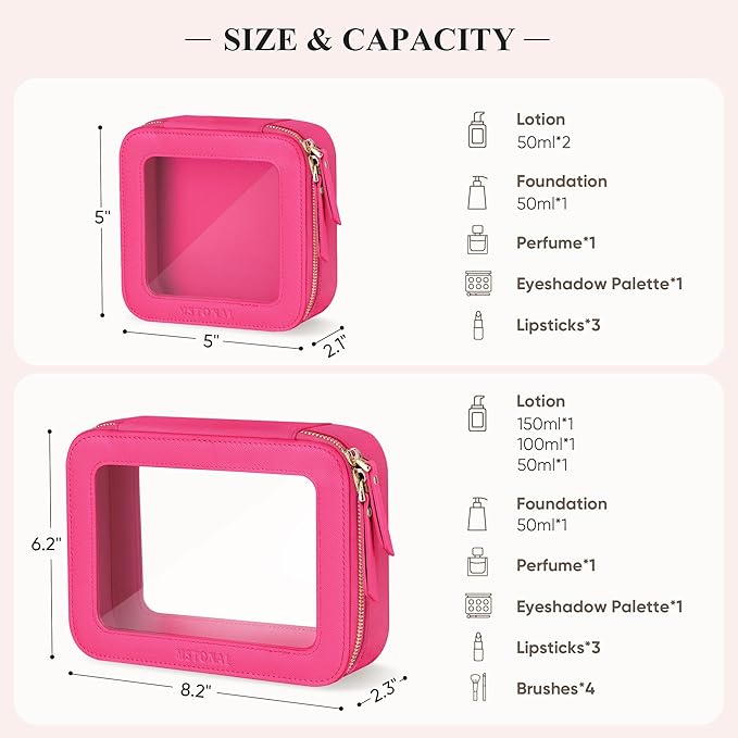 Clear Makeup Bag, Travel Toiletry Bag Cosmetic Case for Women, Waterproof Portable Make Up Skincare Pouch with Zipper, Compact Car Organizer Bag for Essentials, Medium Size, Hot Pink