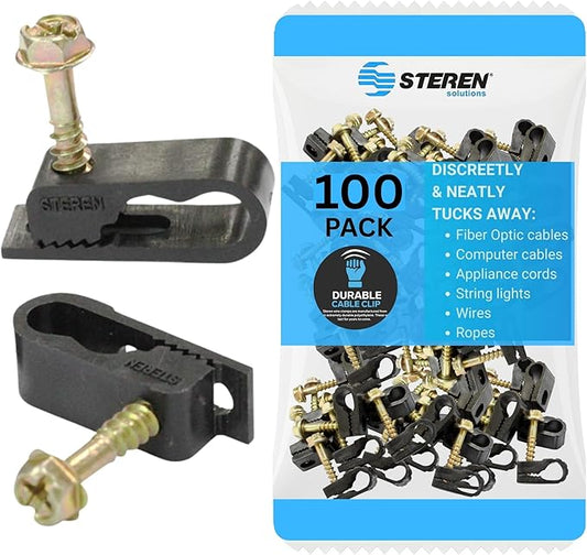 STEREN Coaxial Cable Clips - Cable Holder - Siding Clips for Hanging - Cord Holder for Desk - Cable Clamps - Cord Clip - Wire Organizer Clips - Tv Mount Screws (Black, 100 Count - Dual Screw)