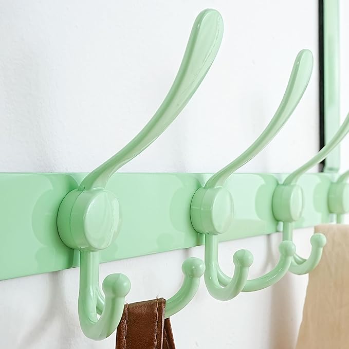Dseap Over The Door Hook Hanger - Fits 1 3/8" to 1 3/4" Standard Doors | 5 Tri Hooks Heavy Duty Towel/Coat Rack | Door Organizer for Clothes, Jackets, Hats, Towels, Green, Pack of 2